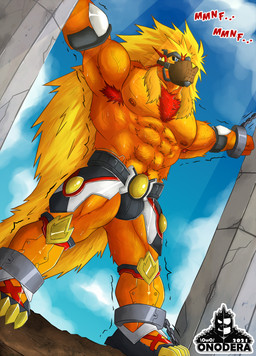 abs anthro armpit_hair bdsm blonde_hair bodily_fluids body_hair bondage bound chain clothing fur hair light male muffled muffled_speech muscular muscular_anthro muscular_male muzzle_(object) muzzled nipples orange_body orange_fur pecs pillar shaking solo sunlight sweat text vein veiny_muscles onodera bandai_namco digimon apollomon digimon_(species) hi_res