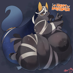 4_fingers anthro areola belly belly_squish big_belly big_breasts biped black_areola black_body black_fur black_nipples black_nose black_pawpads blind_eye blue_eyes blue_hair breasts claws cosmic_hair ethereal_hair eye_markings female female_anthro finger_claws fingerpads fingers fur glistening glistening_body glistening_fur grey_background grey_body grey_ears grey_fur hair holidays huge_breasts humanoid_hands kemono long_hair looking_at_viewer markings monotone_body monotone_fur mummy_costume mummy_wrappings nipples obese obese_anthro obese_female overweight overweight_anthro overweight_female pawpads pose side_view simple_background solo squish text thick_thighs toe_claws yellow_claws yellow_inner_ear cyan_asdf halloween naho_(cyan_asdf) anubian_jackal canid canine canis jackal mammal 1:1 absurd_res colored digital_media_(artwork) english_text full-length_portrait hi_res portrait shaded signature