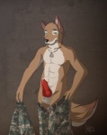 abs animal_genitalia animal_penis anthro balls belt biped black_nose bodily_fluids brown_body brown_fur camo camo_print canine_genitalia canine_penis clothed clothing cum digicamo digital_camo digital_camouflage dog_tags erection fastchapter fur genital_fluids genitals green_eyes knot looking_at_viewer male military muscular muscular_anthro muscular_male nude penis smile soldier solo standing tail topless undressing uniform warrior arius sebastian_(fastchapter) canid canine canis coyote mammal hi_res