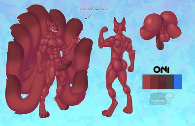abs anthro balls digitigrade erection flaccid foreskin genitals humanoid_genitalia humanoid_penis intersex maleherm multi_tail muscular muscular_anthro muscular_intersex muscular_maleherm navel nipples nude pecs penis solo tail vulva vallhound oni_(thethirdchild) canid canine fox mammal 2021 hi_res model_sheet signature