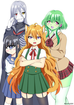 1_eye ahoge blue_bottomwear blue_clothing blue_eyes blue_skirt blush bottomwear breasts clothed clothing crossed_arms eyebrow_through_hair eyebrows female fully_clothed fur garter_straps green_body green_bottomwear green_clothing green_hair green_skin green_skirt grey_hair group hair heterochromia humanoid_pointy_ears legwear open_mouth orange_hair pink_tongue plant pleated_skirt pointy_ears purple_eyes purple_tongue red_eyes simple_background skirt smile teeth tongue translucent translucent_hair white_background white_clothing white_legwear yellow_eyes wolfox004 animal_humanoid cat_humanoid cyclops elemental_creature elemental_humanoid felid felid_humanoid feline feline_humanoid flora_fauna humanoid mammal mammal_humanoid plant_humanoid hi_res