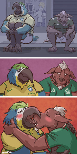 3_panel_comic 3_toes anthro avian_feet barefoot beak black_beak black_legs blue_body blue_feathers blush bodily_fluids brazil brown_body brown_fur clothed clothing crying duo eye_contact eyes_closed facial_hair feathers feet french_kissing fur goatee green_clothing green_topwear hair hairless hug kissing looking_at_another male male/male mexico open_mouth outside red_background sad sidewalk simple_background sitting sitting_on_ground sitting_on_sidewalk slightly_chubby slightly_chubby_male soccer_uniform sportswear stubble super_saiyan_2 tears three_frame_image toes tongue tongue_out topwear uniform white_facial_hair white_goatee white_hair world_cup yellow_clothing yellow_topwear nanoff brazil_national_football_team dragon_ball fifa mexico_national_football_team goku ara_(genus) avian bird blue-and-yellow_macaw canid canine canis domestic_dog hairless_dog macaw mammal neotropical_parrot parrot primitive_dog true_parrot xoloitzcuintli 2026 absurd_res colored comic digital_drawing_(artwork) digital_media_(artwork) hi_res