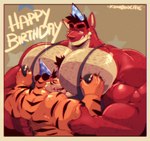 anthro big_muscles big_pecs birthday black_hair body_hair chest_hair clothed clothing duo fur hair hat headgear headwear huge_pecs male male/male moobs muscular muscular_anthro muscular_male nipple_grab nipples orange_body orange_fur party_hat pecs red_body topless cursedmarked mythology butch_(cursedmarked) massimo dragon felid mammal mythological_creature mythological_scalie pantherine scalie tiger hi_res