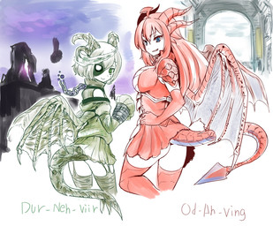 4_horns ahoge alternate_species armwear big_breasts bound breasts butt chain chained clothed clothing crossgender dress duo elbow_gloves female gloves green_eyes grin hair handwear horn humanoidized legwear membrane_(anatomy) membranous_wings multi_horn notched_wings rear_view red_hair short_hair shoulderless_dress smile spade_tail surgical_suture tail teeth text thigh_highs white_hair wings okamura086 bethesda_game_studios european_mythology microsoft mythology skyrim the_elder_scrolls durnehviir odahviing animal_humanoid dragon dragon_humanoid humanoid mythological_creature mythological_scalie scalie scalie_humanoid undead western_dragon western_dragon_humanoid character_name english_text