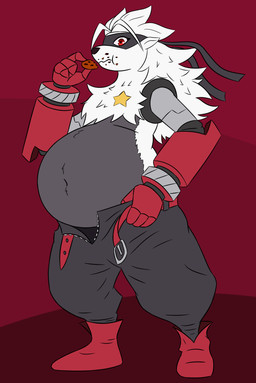 anthro belly belt big_belly bottomwear clothing crumbs crumbs_on_face cybernetic_arm cybernetic_limb eating female footwear fur grey_body grey_fur hair mask mechanical_arm navel overweight overweight_anthro overweight_female pants red_eyes shoes solo star stuffing thick_thighs white_body white_fur white_hair zipper aeronight bandai_namco digimon digimon_beatbreak digimon_(species) wolvermon 2026 digital_media_(artwork) hi_res