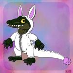 anthro bunny_costume chibi claws clothed clothing cosplay costum costume fangs looking_at_viewer male pink_background simple_background smile solo standing teeth zipper punishedkom alligator alligatorid crocodilian reptile scalie 1:1