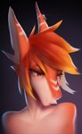 amber_eyes ambiguous_gender anthro ear_piercing hair half-closed_eyes markings narrowed_eyes orange_body orange_hair orange_skin piercing red_eyes red_hair short_hair simple_background solo white_body shermugi mythology katie_(pogonip) dragon lizard mythological_creature mythological_scalie reptile scalie 2020 bust_portrait digital_media_(artwork) digital_painting_(artwork) hi_res portrait