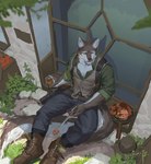 anthro beverage brown_body brown_fur clothed clothing food fur holding_knife holding_object knife licking licking_lips licking_own_lips male open_mouth sitting solo teeth tongue tongue_out white_body white_fur window yellow_eyes awaldkize canid mammal absurd_res hi_res