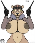 anthro areola bare_breasts bare_chest big_areola big_breasts breasts brown_body brown_skin clothed clothing dual_handguns dual_wielding duo eyewear female fur glasses goggles gun handgun holding_object holding_weapon huge_breasts looking_at_viewer male multicolored_body multicolored_skin nipples partially_clothed pistol plushie ranged_weapon scar simple_background smile solo_focus standing teddy_bear weapon white_background yellow_eyes deskai galmgaruda51 conker's_bad_fur_day rareware animate_inanimate bear human living_plushie mammal teddy_bear_(species) tediz colored