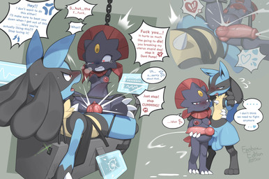 angry angry_sex animal_genitalia animal_penis anthro anthro_on_anthro anthro_penetrated anthro_penetrating anthro_penetrating_anthro areola balls bdsm big_balls big_penis biped blue_body blue_fur blue_tail blush bodily_fluids bondage bound breasts canine_genitalia canine_penis clenched_teeth cobondage cum cum_in_vagina cum_inside dialogue erection female female_penetrated forced forced_partners forced_to_breed front_view fur genital_fluids genitals grey_body grey_fur huge_penis impregnation inaccurate_knotting knot knotted_penis looking_at_another looking_down lying male male/female male_penetrating male_penetrating_female mutual_nonconsent nipples nude nude_anthro nude_female nude_male on_back open_mouth ovum penetration penile penile_penetration penis penis_in_vagina pregnant pregnant_anthro pregnant_female profanity red_eyes sex simple_background sitting speech_bubble sperm_cell standing tail teeth text tongue until_they_like_it vaginal vaginal_penetration vulva zinfyu nintendo pokemon generation_4_pokemon lucario pokemon_(species) weavile 2025 absurd_res digital_drawing_(artwork) digital_media_(artwork) english_text hi_res