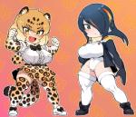 :d armwear big_breasts black_eyes black_hair blonde_hair blush bottomwear bow_(feature) bow_tie breasts clothed clothing duo elbow_gloves electronics fangs female footwear gloves hair hair_over_eye handwear headphones inner_ear_fluff jacket legwear leotard long_hair markings multicolored_hair one_eye_obstructed orange_hair pattern_clothing pattern_legwear shirt shoes short_hair skirt smile spots spotted_clothing spotted_legwear spotted_markings spotted_tail tail tail_markings teeth thigh_highs tongue topwear tuft yellow_eyes space_zin kemono_friends emperor_(kemono_friends) jaguar_(kemono_friends) animal_humanoid felid felid_humanoid human humanoid jaguar_humanoid mammal mammal_humanoid pantherine pantherine_humanoid