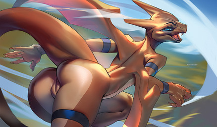 anthro anthrofied blue_eyes butt female genitals humanoid_genitalia humanoid_vulva multicolored_body open_mouth orange_body solo tail teeth two_tone_body vulva skygracer nintendo pokemon charizard generation_1_pokemon mammal pokemon_(species) 2021 digital_media_(artwork) shaded