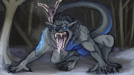 anthro arm_tuft blue_body blue_eyes blue_fur bodily_fluids cheek_tuft chest_tuft detailed_mouth facial_tuft fangs featureless_crotch forest front_view fur glistening glistening_eyes grey_body grey_fur male mouth_shot nude open_mouth outside plant saliva saliva_string sharp_teeth shoulder_tuft solo tail tail_mouth teeth tongue tongue_out tree tuft unsigned unusual_anatomy unusual_tail acidic canid mammal 16:9 full-length_portrait portrait widescreen