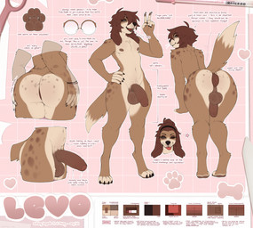 accessory anthro anus balls big_anus big_balls big_butt big_penis bodily_fluids brown_body brown_fur brown_hair butt eyeshadow eyewear femboy floppy_ears foreskin fur genital_fluids genitals glasses hair hair_accessory hairband humanoid_genitalia humanoid_penis long_ears makeup male penis precum puffy_anus round_glasses solo tan_body tan_fur text wide_hips nextel levo_(levo_venia) canid canine canis domestic_dog mammal 2026 english_text hi_res model_sheet