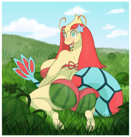 3_toes anthro anthrofied barefoot big_breasts big_butt bikini blush bodypaint breasts butt clothed clothing cloud eyelashes fangs feet female field food freckled_breasts freckles fruit grass green_eyes huge_breasts kneeling long_neck looking_back melon open_mouth open_smile outside plant rear_view sky smile solo swimwear teeth toes tongue two-piece_swimsuit watermelon snackbunnii nintendo pokemon mila_(snackbunnii) generation_3_pokemon mammal milotic pokemon_(species) 2020 absurd_res alternate_version_at_source hi_res