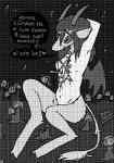 black_and_white breasts candle comic demon dialogue digital_media_(artwork) english_text female greyscale inverted_pentacle monochrome nikubou nipples nude occult_symbol pentacle pentagram solo stake symbol text