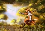 anthro black_body black_fur breasts female fur melee_weapon multicolored_body multicolored_fur nude plant raised_arm rapier red_body red_fur solo stripes sword tail tree tuft weapon white_body white_fur yellow_body yellow_eyes yellow_fur jackrow reyna_(reynafox) canid canine fox mammal 2016