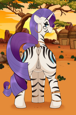 anus black_eyeshadow blue_eyes bodypaint butt cutie_mark ear_piercing eyeshadow female feral fur genitals hair horn hut jewelry looking_at_viewer looking_back looking_back_at_viewer makeup necklace outside piercing presenting presenting_hindquarters puffy_anus purple_hair purple_tail quadruped raceplay solo standing stripes tail tail_wraps vulva white_body white_fur wraps blue_bender friendship_is_magic hasbro my_little_pony mythology rarity_(mlp) equid equine horse mammal mythological_creature mythological_equine pony unicorn 2:3 absurd_res hi_res orange_theme