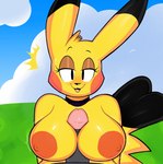 absurd_res anthro areola big_breasts blackmore bodily_fluids breast_play breasts duo female first_person_view generation_1_pokemon genitals glistening_eyelids hi_res human male male/female male_pov mammal motion_lines narrowed_eyes nintendo nipples open_mouth orange_areola orange_nipples penis pikachu pokemon pokemon_(species) raised_tail seductive sex smile sweat tail titfuck yellow_body