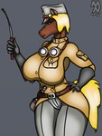 anthro big_breasts blonde_hair bottomwear breasts brown_body clothed clothing eyewear female gloves goggles goggles_around_neck grey_bottomwear grey_clothing grey_gloves grey_handwear hair handwear holding_object holding_riding_crop holding_whip looking_at_viewer mouth_closed narrowed_eyes riding_crop solo standing tan_clothing tan_topwear topwear uniform whip romman08 major_callista_samstag equid equine horse mammal 2014 artist_name dated portrait three-quarter_portrait