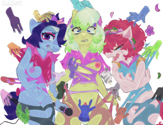 anthro blue_body blue_eyes bodily_fluids bottomwear breast_grab breasts claws clothing covering covering_breasts covering_self disembodied_hand electronics embarrassed female finger_claws forced genitals group hair hand_on_breast hand_on_butt hand_on_head hand_on_tail hand_on_vulva intersex intersex/female legwear looking_down microphone nipples pink_body pink_hair pink_nipples pink_tongue pink_vulva purple_eyes purple_hair purple_nipples purple_vulva simple_background tail teardrop tearing_bottomwear tearing_clothing tearing_topwear tears tears_of_embarrassment teary_eyes tights tongue torn_bottomwear torn_clothing torn_legwear torn_tights trio_focus vulva white_background yellow_body shieshuqqq hasbro mlp_g5 my_little_pony blue_belle_(mlp_g5) minty_(mlp_g5) snuzzle_(mlp_g5) earth_pony equid equine horse mammal pony hi_res