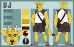 anthro bottomwear brown_eyes clothing fangs footwear fur hooves horn male shirt shoes shorts shoulder_bag sleeveless_shirt solo teeth text topwear yellow_body yellow_fur fcsimba dj_strap cervine deer mammal muntjac absurd_res english_text hi_res model_sheet