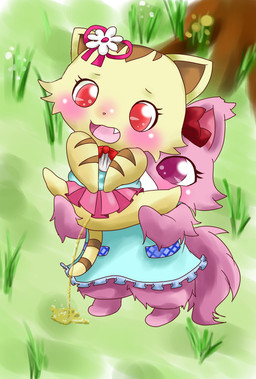 anthro bodily_fluids chibi female female_peeing fur genital_fluids peeing pink_body pink_fur urine urine_stream watersports yellow_body yellow_fur jewelpet sanrio sega sega_fave garnet_(jewelpet) sango_(jewelpet) domestic_cat felid feline felis mammal persian_cat tabby_cat absurd_res hi_res