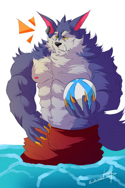 abs anthro areola ball barazoku beach_ball biped claws clothing finger_claws fingers fluffy fluffy_tail frown fur green_eyes grey_body grey_fur hand_on_hip holding_beach_ball humanoid_hands inflatable male muscular muscular_anthro muscular_arms muscular_male nipples partially_submerged pecs simple_background solo standing swimming_trunks swimwear tail water white_background yellow_sclera ferskyed league_of_legends riot_games tencent warwick_(lol) canid canine canis mammal wolf 2022 2:3 absurd_res colored dated hi_res shaded signature