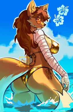 anthro bandage bandaged_arm big_butt bikini bikini_bottom bikini_top breasts brown_hair butt clothed clothing cloud eyelashes eyewear facial_piercing female flower fluffy fluffy_tail fur gold_bikini hair inner_ear_fluff looking_at_viewer looking_back nose_piercing outside partially_submerged piercing plant pose rear_view septum_piercing sky solo standing sunglasses swimwear tail tan_body tan_fur tuft two-piece_swimsuit water wearing_sunglasses junodayz golden_week kadri_(nedwardo) canid canine mammal 2026 hi_res pinup signature