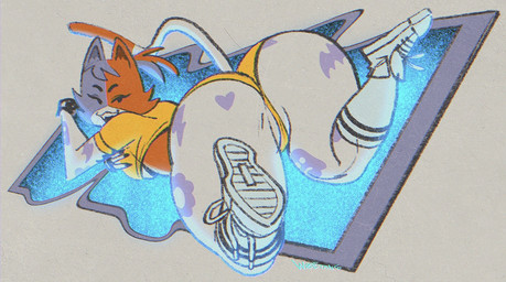 anthro big_butt bottomwear breasts brown_body brown_fur butt clothed clothing eyebrows female fingerless_gloves fingers footwear fur gloves grey_body grey_fur handwear looking_back lying midriff on_front open_mouth shirt shoes skimpy socks solo t-shirt teeth thick_thighs topwear white_body white_fur wolftangart epic_games fortnite cate_meowdy calico_cat domestic_cat felid feline felis mammal 2025 digital_media_(artwork) hi_res