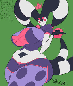 4_eyes bell big_breasts bottomwear breasts clothing clown corset curvy_figure eyelashes female hourglass_figure jester lingerie midriff multi_eye navel sharp_teeth shorts solo stripes teeth thick_thighs topwear furiquarter demon humanoid hi_res