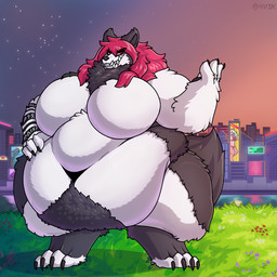 anthro belly belly_hair big_belly big_breasts big_feet body_hair breasts building city city_background claws digitigrade fangs feet female field flower fluffy fur grass grey_body grey_fur hair hand_on_belly long_hair morbidly_obese morbidly_obese_anthro narrowed_eyes navel neck_tuft neon_lights obese obese_anthro overweight overweight_anthro paws plant raised_arm red_eyes red_hair reflection river sign skyscraper smile solo star sunset tail teeth thick_tail thick_thighs tuft white_body white_fur sv3n canid canine canis mammal wolf 1:1 cel_shading hi_res shaded watermark