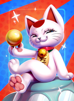 abstract_background ambiguous_anthro ambiguous_gender anthro ball bell bell_collar black_nose collar crossed_legs glistening glistening_eyes holding_ball holding_object looking_at_viewer narrowed_eyes nude pawpads pink_pawpads red_collar sitting smile solo sparkles whiskers white_body bloominglynx dandadan maneki-neko turbo_granny_(dandadan) felid mammal digital_media_(artwork) digital_painting_(artwork) hi_res painting_(artwork)