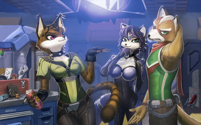 anthro beverage blue_body blue_fur blue_hair clothed clothing embarrassed female food fur gesture group hair hand_gesture male pointing technology tools white_body white_fur jecbrush nintendo star_fox fox_mccloud krystal_(star_fox) miyu_(star_fox) canid canine felid feline fox lynx mammal 16:10 widescreen