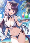 beach beverage bikini blush breasts brown_hair cleavage clothed clothing container cup female hair holding_tray looking_at_viewer maid_headdress navel open_mouth palm_tree plant purple_eyes sky solo swimwear tray tree two-piece_swimsuit water mauve_(artist) animal_humanoid cat_humanoid felid felid_humanoid feline feline_humanoid humanoid mammal mammal_humanoid 2023