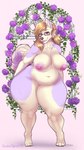 anthro areola belly big_breasts blonde_hair breasts cheek_tuft claws curved_tail curvy_figure cute_fangs eyewear facial_tuft fangs female flower fluffy fluffy_tail front_view fur glasses hair hand_on_butt hands_behind_back looking_at_viewer multicolored_body multicolored_fur neck_tuft nipples nude pink_areola pink_nipples plant purple_body purple_eyes purple_flower purple_fur rose_(flower) simple_background slightly_chubby solo standing tail tan_body tan_fur teeth thick_thighs tuft two_tone_body two_tone_fur voluptuous wide_hips tiggybloom miss_leetah alaskan_malamute canid canine canis domestic_dog mammal nordic_sled_dog spitz 2021 digital_drawing_(artwork) digital_media_(artwork) full-length_portrait hi_res portrait