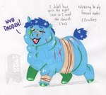 2024 ambiguous_gender baby_talk bandage bandaged_leg blue_body blue_eyebrows blue_fur blue_mane blue_tail dialogue ed_mortis english_text eyebrows feral fluffy_pony fluffy_pony_(species) full-length_portrait fur graphite_(artwork) green_eyes green_hooves handwritten_text hooves intralingual_translation mammal mane marker_(artwork) minor_wound missing_ear one_eye_closed open_mouth open_smile pencil_(artwork) pink_tongue portrait scratches simple_background smile snout solo tail talking_feral teeth text tongue traditional_media_(artwork) unguligrade watermark white_background wounded