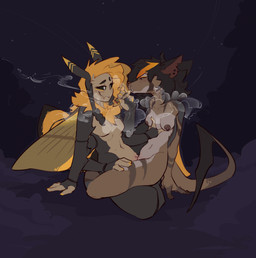 4_arms anthro anthro_on_anthro areola arthropod_abdomen black_hair breasts drugs duo female female/female genitals hair half-closed_eyes insect_wings lepidopteran_wings marijuana multi_arm multi_limb narrowed_eyes navel nipples orange_hair sex sitting smile smoke smoking smoking_marijuana stoned substance_intoxication tribadism vaginal vulva wings ittybittykittytittys mythology almali_(tsanapi) geist_(anoriginalzero) arthropod death's-head_hawkmoth dragon hawk_moth insect lepidopteran moth mythological_creature mythological_scalie scalie hi_res