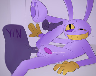 anal anthro balls bodily_fluids clothing cum cum_in_ass cum_inside duo ejaculation feet fur genital_fluids genitals gloves hand_on_leg handwear leaking leaking_cum leaking_precum looking_pleasured male male/male paws penis precum purple_body purple_fur raised_leg sex smile soles y/n anonymous_artist unknown_artist glitch_productions the_amazing_digital_circus anon jax_(tadc) lagomorph leporid mammal rabbit 2023
