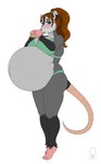 anthro belly big_belly black_body black_fur bottomwear bra brown_hair clothing eating female food fur green_bottomwear green_bra green_clothing green_eyes green_underwear grey_body grey_fur hair holding_food holding_object long_hair looking_at_viewer navel pregnant pregnant_anthro pregnant_female simple_background solo standing underwear white_background milk-jug vaid_o'possum american_opossum mammal marsupial full-length_portrait portrait