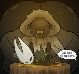 angry anthro ass_up bib bound butt character_prepared_as_food cross-popping_vein dialogue duo eating failure female grotesque helpless horn imminent_death imminent_vore male morbid morbidly_obese nude obese overweight plate ryona sauce smile text wince e254e hollow_knight:_silksong hollow_knight_(franchise) team_cherry hornet_(hollow_knight) the_great_gourmand_(hollow_knight:_silksong) arthropod absurd_res english_text hi_res