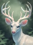 ambiguous_gender antlers copyright_symbol feral fur horn iridescent iridescent_antlers iridescent_horn monotone_body monotone_fur pink_inner_ear pink_nose solo symbol text white_body white_ears white_fur chiakiro mammal 2021 digital_media_(artwork) digital_painting_(artwork) url