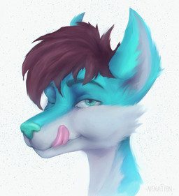 ambiguous_gender anthro brown_hair eyebrows fur hair inner_ear_fluff looking_at_viewer multicolored_body multicolored_fur pink_tongue solo teal_body teal_eyebrows teal_eyes teal_fur teal_inner_ear_fluff teal_nose tongue tongue_out tuft alfavition canid canine mammal hi_res portrait