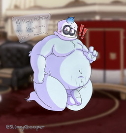 anthro balls belly big_balls big_belly bodily_fluids foreskin genitals huge_belly male overweight penis slightly_chubby solo stretch_marks surprised sweat tight_foreskin unsure slimygooper mario_bros nintendo super_mario_odyssey cappy_(mario) ghost spirit full-length_portrait hi_res portrait