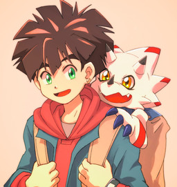 anthro backpack blue_clothing brown_hair claws clothing duo green_eyes hair horn in_backpack male open_mouth open_smile red_clothing smile white_body yellow_eyes kubota_keita bandai_namco digimon digimon_ghost_game gammamon_(ghost_game) hiro_amanokawa digimon_(species) gammamon human mammal hi_res