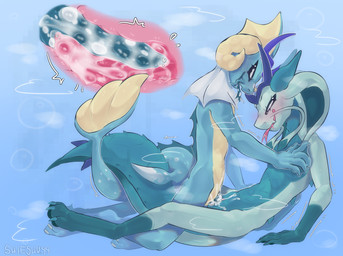 animal_genitalia animal_genitalia_on_humanoid antennae_(anatomy) anthro anthro_on_anthro black_sclera blue_body blue_penis bodily_fluids cum cum_in_slit cum_inside cum_on_belly cum_on_body duo ejaculation fin fish_tail forked_tongue from_front_position frottage frottage_in_slit genital_fluids genitals gradient_background hand_on_torso horn leaning leaning_backward looking_at_another looking_down looking_pleasured lying male male/male missionary_position multi_horn multicolored_body multicolored_penis multicolored_tongue no_pawpads on_back pawpads penetration penile penis penises_touching pink_penis pink_tongue sex simple_background slit_penetration slit_play smile spikes spikes_(anatomy) tongue wrapped_tail yellow_body shieshuqqq nintendo pokemon fan_character eeveelution generation_1_pokemon generation_4_pokemon glaceon hybrid pokemon_(species) vaporeon full-length_portrait hi_res portrait