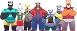 anthro belly black_body black_fur blue_body blue_fur bottomwear brown_body brown_fur clothing eyewear fur glasses group heart_symbol hoodie male orange_body orange_fur overalls overweight overweight_male pants purple_body purple_fur shirt shorts simple_background topwear white_background leothelionel the_human_heart_(game) ace_cottontail cade_maplebottom dylan_ramos lars_yoshida rorik_dahl sidney_stourton tyler_laurent bear bovid bovine canid canine canis cattle domestic_cat domestic_dog eulipotyphlan felid feline felis hyena lagomorph leporid mammal mole_(animal) rabbit 2021 hi_res