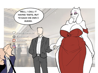 anthro big_breasts biped bottomwear breasts cleavage clothed clothing dialogue dress female group human_on_anthro interspecies larger_female male male/female pupils red_clothing size_difference smaller_male smile speech_bubble suit text thick_thighs topwear aabramsart undertale undertale_(series) toriel bovid caprine human mammal english_text hi_res