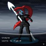1:1 abstract_background animated armor clothed clothing crossover ear_fins english_text eye_patch eyewear female fin fish goobermation hair holding_object holding_pokeball low_res marine melee_weapon nintendo pokeball pokemon polearm red_hair short_playtime solo spear standard_pokeball text trainertale undertale undertale_(series) undyne weapon