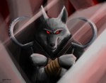 anthro black_nose cloak clothing front_view fur grey_body grey_fur holding_object holding_weapon male melee_weapon polearm red_eyes scythe solo weapon year zander_the_raccoon dreamworks puss_in_boots_(franchise) death_(puss_in_boots) canid canine canis mammal wolf 2023 artist_name